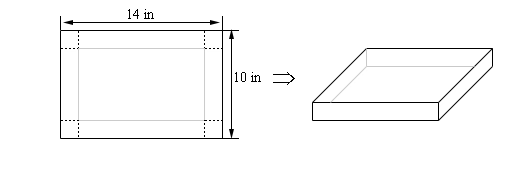 Two sketches side by side with an arrow pointing from the left sketch to the right one.  On the left is the flat piece of cardboard, 14 inches wide and 10 inches tall, with a small square cut out of each of the four corners and dashed fold lines marked.  On the right is the open-topped box that results when the four sides are folded up.