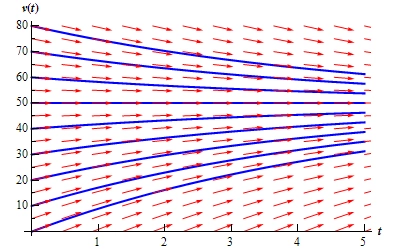 Integral egri chiziqlar oilasi: barcha yechimlar t o'sishi bilan v=50 asimptotasiga yaqinlashadi